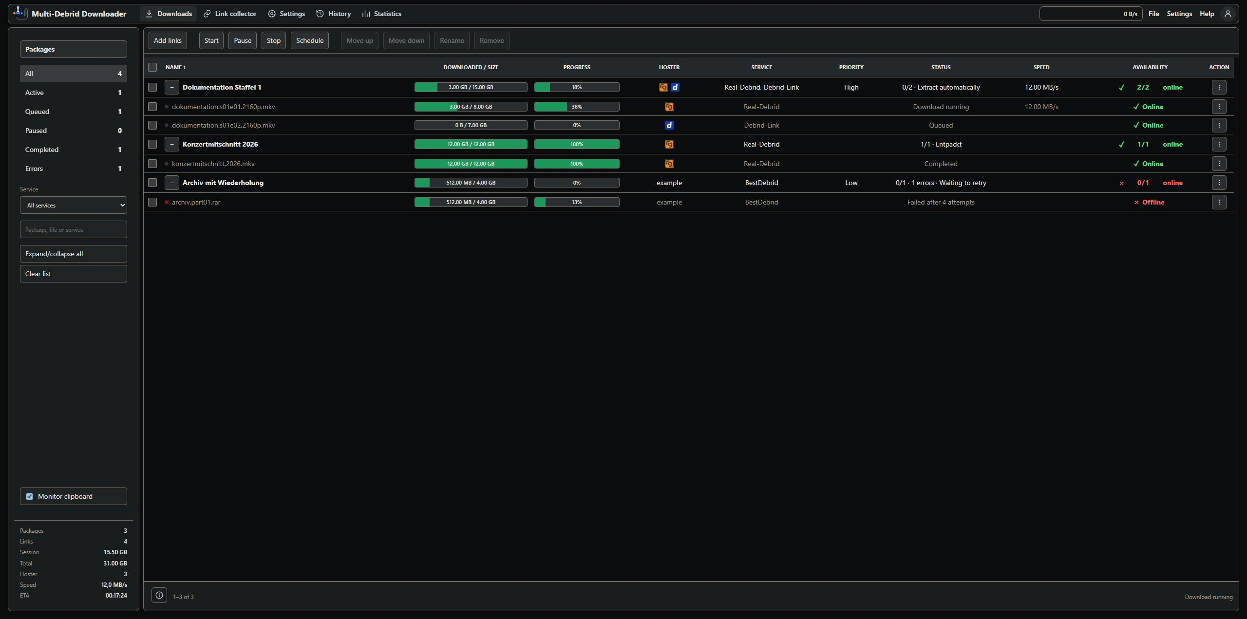 Multi-Debrid Downloader download queue