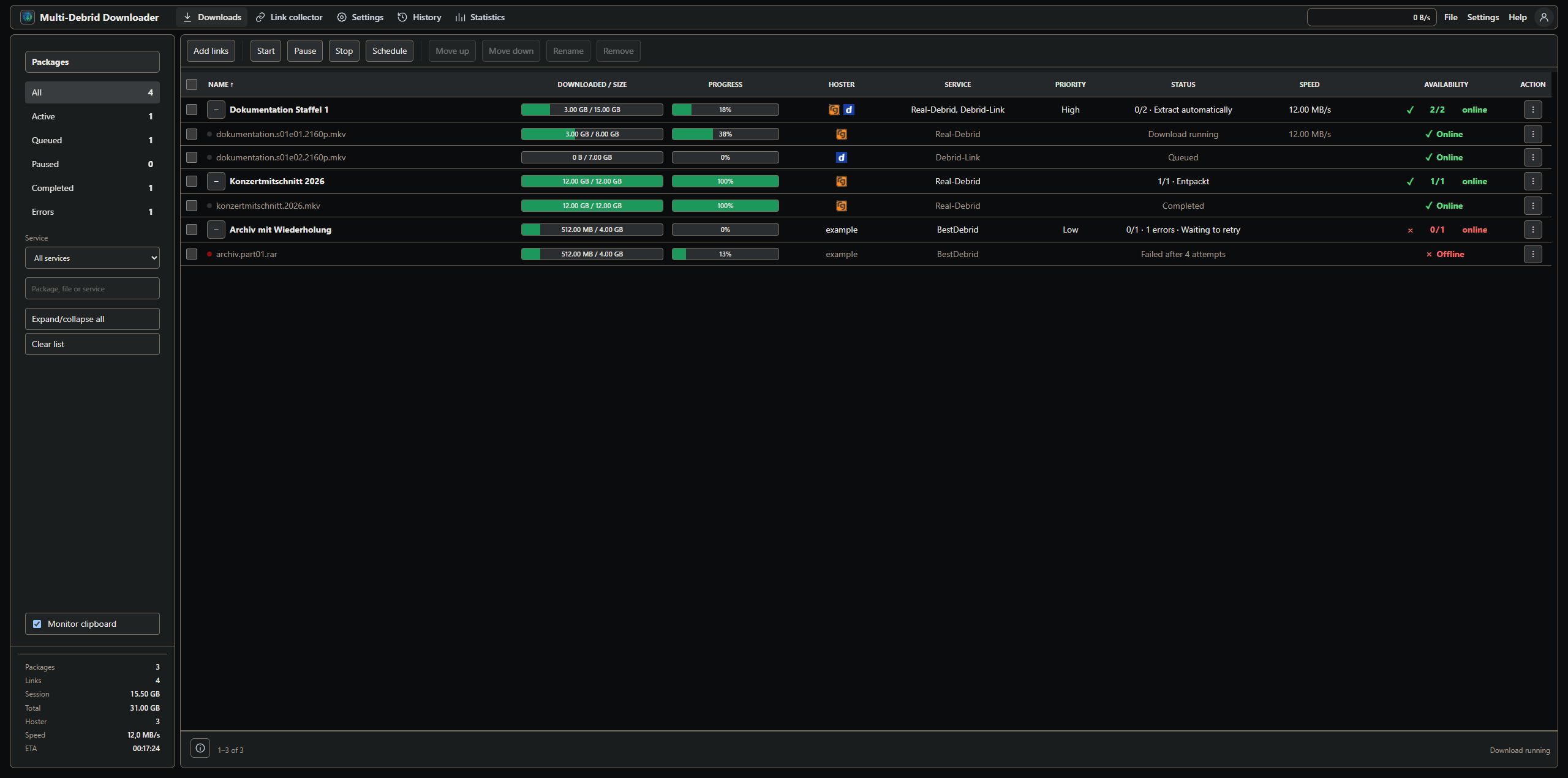 Multi-Debrid Downloader download queue