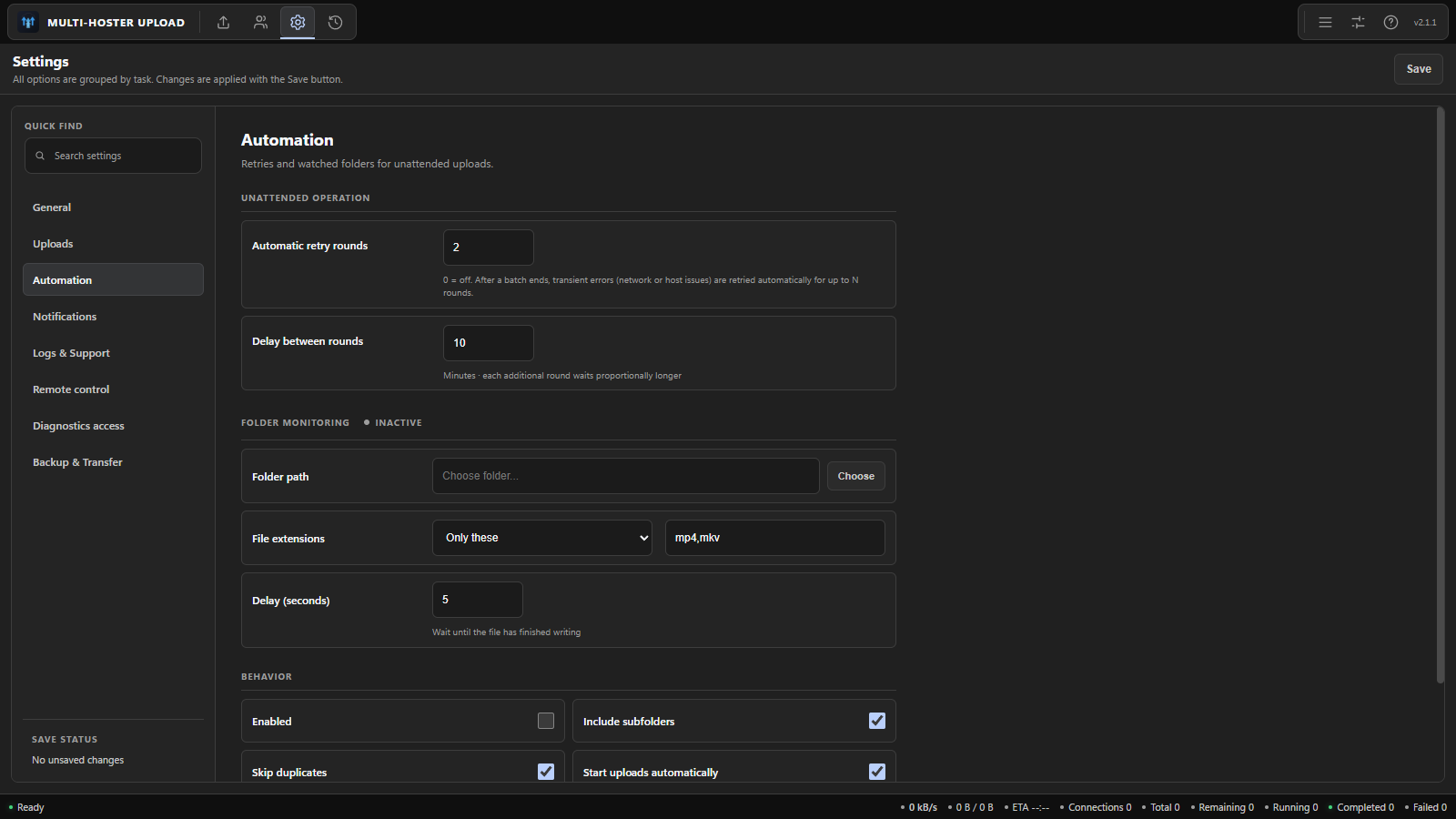 Automation and folder monitoring settings