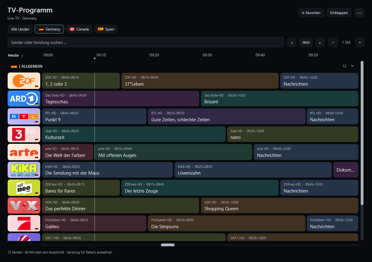 TV-Programm mit Senderlogos, Sendungskarten und Zeitachse